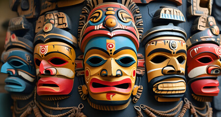 Traditional ethnic Hindu face mask. A background composition of totem masks.