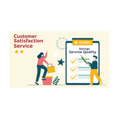 illustration of a person in a supermarket Online customer satisfaction Survey service concept, client rate service from experience in application, Consumer give five-Stars 