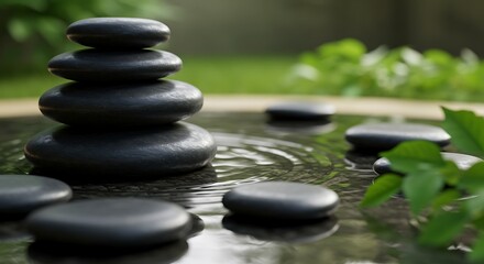 Fototapeta premium Pebble stones stack up in the middle of water pond create a circle of ripples. Created with Generative AI technology