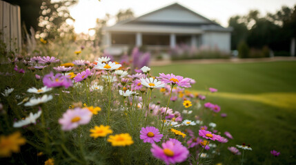 A field of wildflowers in full bloom, with vibrant colors of purple, yellow, and pink against a soft green meadow.