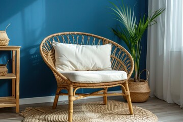 Modern Living Room Interior Design: Scandinavian Style with Wicker Chair and Beige Sofa Near Shelf Against Blue Wall