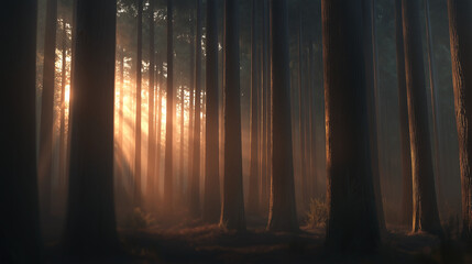 Obraz premium Golden rays of sunlight breaking through a forest of tall pine trees at dawn.