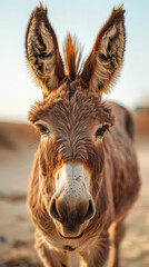 Fototapeta premium Close-Up Portrait of a Curious Donkey in Natural Sunlight with Soft Focus on Ears and Fur Texture in a Serene Outdoor Setting