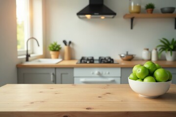 Clean empty tabletop above blurred kitchen background, utensil, space