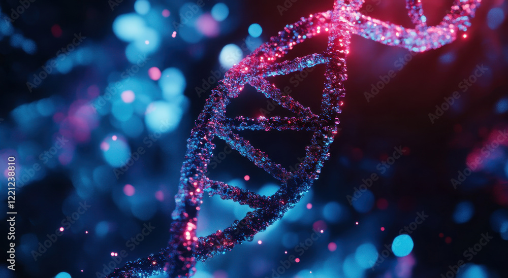 Poster captivating view of a colorful dna double helix illuminated by vibrant light in a microscopic settin
