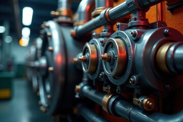 Obraz premium Close-up of steam boiler components, intricate details, industrial pipes, hardware