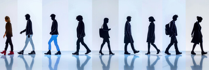 A dynamic black and white silhouette of a walking people on the street, capturing the evolution of human movement in art, unique vector icon set