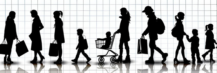 Silhouettes of people shopping and walking in fashionable outfits with family and kids, unique vector icon set