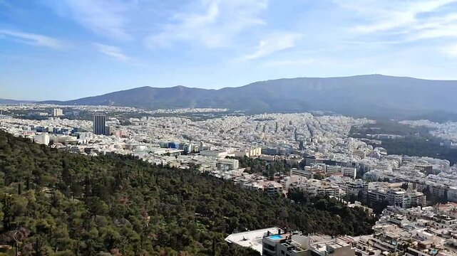 Panoramic view of Athens, Greece, seen from the Lycabettus Hill summit.