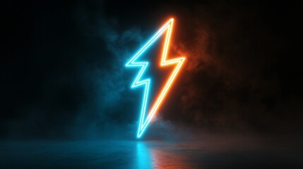 Neon lightning bolt glowing in dark, smoky background.