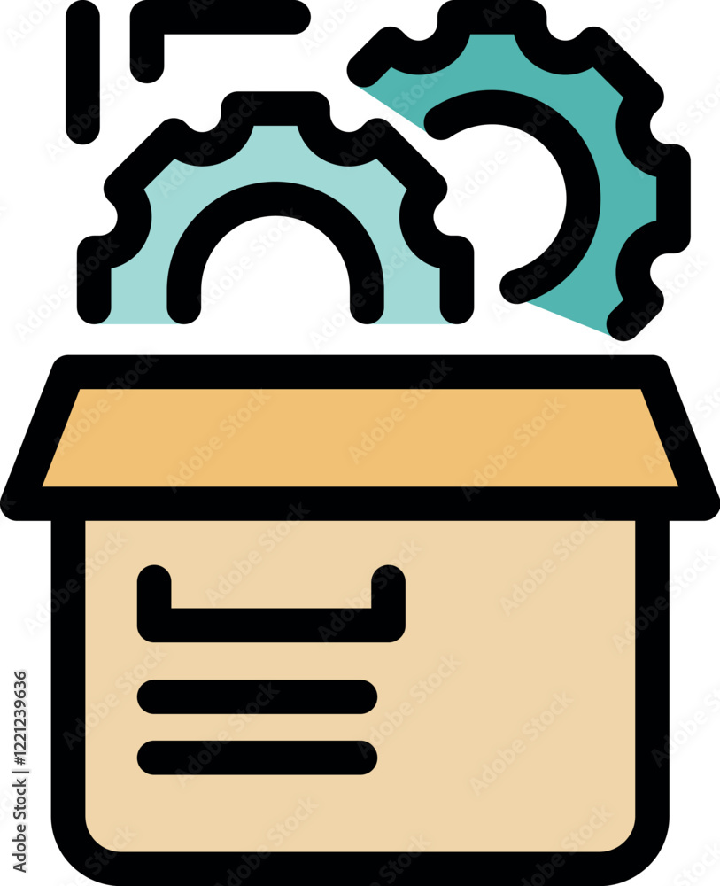 Poster product development process, engineering and innovation are represented by rotating gears emerging f