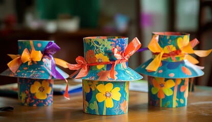 The paper cup hats were made by the children's painting class in their living room at home, with colorful patterns and ribbons on them. The patterns are simple yet beautiful.