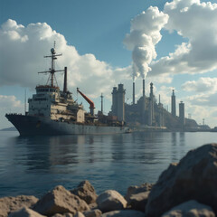 Cargo Ship Anchored Offshore with Industrial Complex Dominating the Skyline