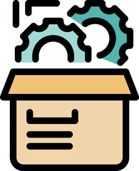 Product development process, engineering and innovation are represented by rotating gears emerging from a cardboard box