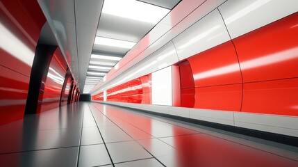 Obraz premium A long subway tunnel featuring a white billboard with striking red accents, highlighting a perspective and advertising design concept in a sleek, modern environment.