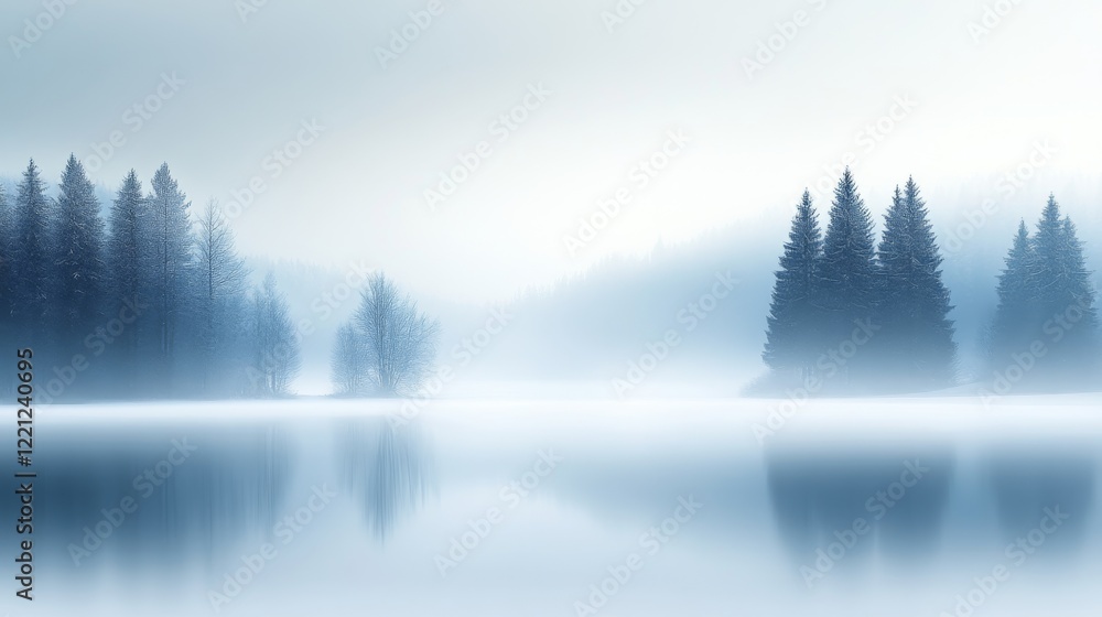 Poster misty morning tranquility in a serene forest by the lake with a delicate reflection of pines and cal