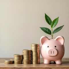 Piggy Bank with Growing Plant and Stacks of Coins Symbolizing Financial Growth