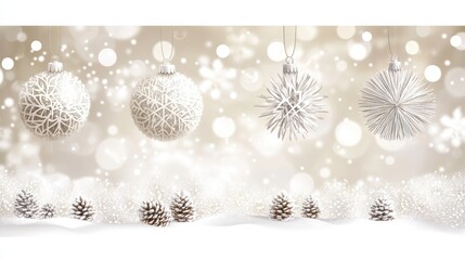 Elegant white Christmas ornaments and pine cones on snowy background.