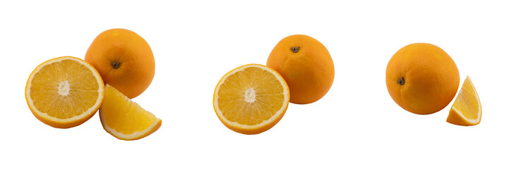 Orange slice isolate. Orange fruit half and slice set on white background. With clipping path. Full...