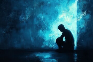 Silhouette of a Sad Man Sitting Alone in a Dark Room With Blue Hues and Reflections on the Ground. Generative AI