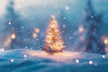 Christmas tree on snow blurred with Christmas background