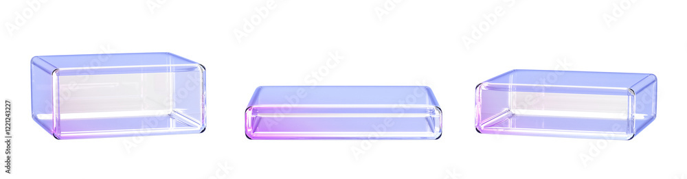 Poster 3d glass transparent clear stand podium display box isolated render icon set. Crystal square platform for product presentation, plastic cube pedestal with holographic gradient texture. 3D illustration