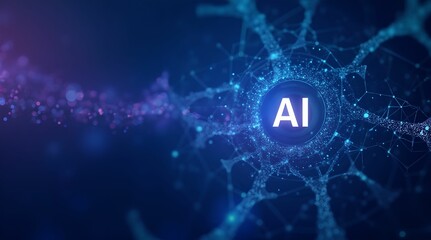 Illuminated AI letters appear above vibrant, ethereal waves of blue and purple light in a digital landscape