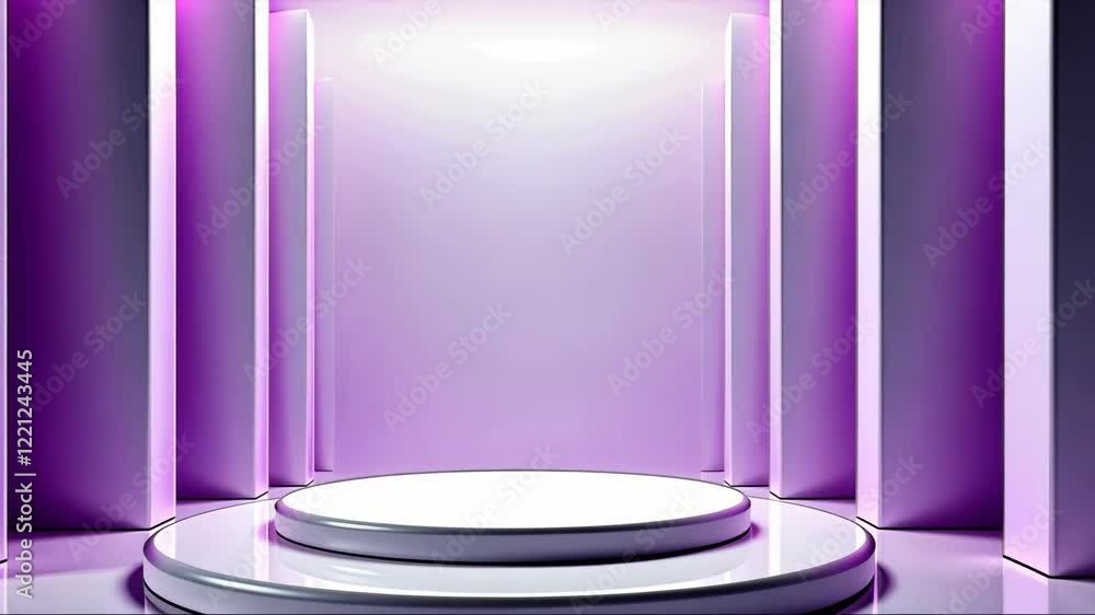 Poster white stage with two steps and a purple background. the stage is empty. there are no people or objec