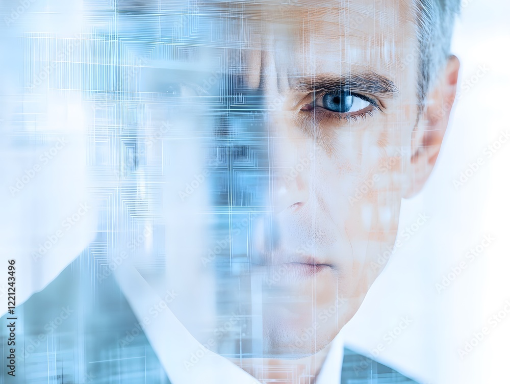 Aufkleber Professional businessman with piercing blue eyes gazes through abstract digital patterns, symbolizing technological innovation and modern business.