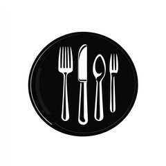 Black and white cutlery set on plate graphic, simple design for restaurant menu or food blog