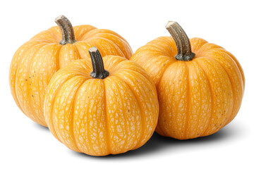 Fototapeta premium Realistic small pumpkins with vibrant orange color, ribbed texture, green stems, isolated on transparent background, perfect for autumn, Thanksgiving, and Halloween seasonal decor. 
