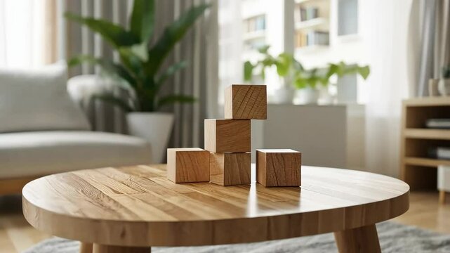Stacked wooden blocks on a coffee table in a bright modern living room with plants and natural light