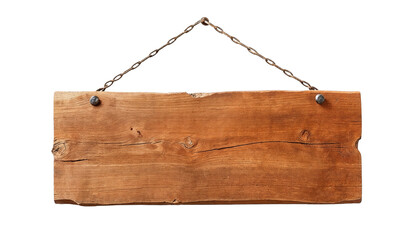 Wooden sign hanging on a white wall with metal chain