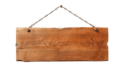 Wooden sign hanging on a white wall with metal chain