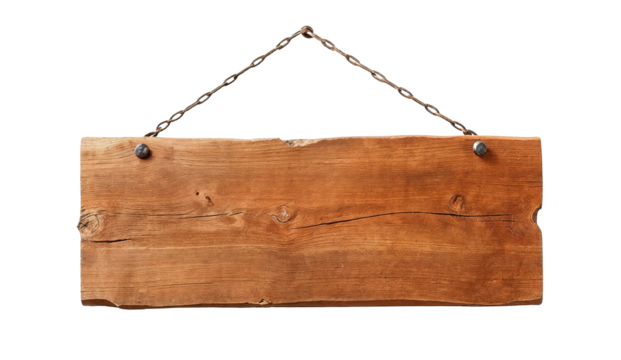 Wooden sign hanging on a white wall with metal chain