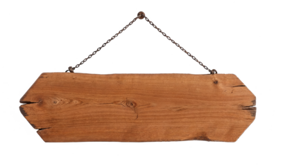 Wooden sign hanging on a chain against white background
