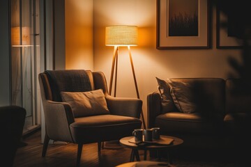 Cozy living room, evening ambiance, warm lamplight, relaxed atmosphere, home interior