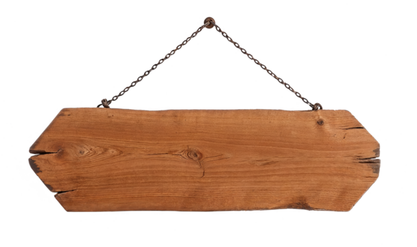 Wooden sign hanging on a chain against white background