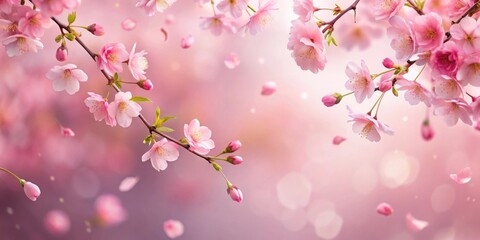 Naklejka premium Delicate pink sakura petals gently falling from a blooming cherry blossom tree against a soft gradient background, spring, pink sakura
