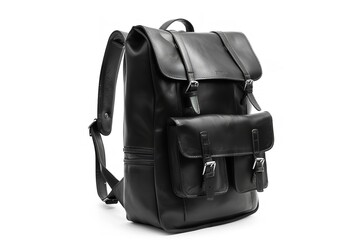 Naklejka premium A backpack made of black leather on a white background, Generative AI.
