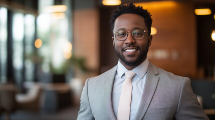 Fototapeta premium A polished male professional with a subtle smile, wearing a slim-fit light gray suit and a pastel tie, standing in front of a blurred modern office interior with soft lighting