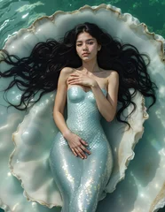 Hyperrealistic portrait of a young mermaid with long black hair lying in a shell against the backdrop of sea waves. AI generation