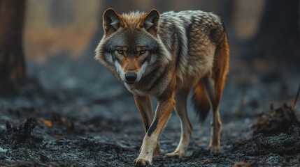 Fototapeta premium Majestic Lone Wolf in a Burned Forest
