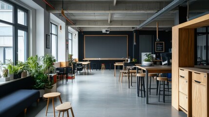 Gray and wooden open space office featuring a minimalistic design with a blank wall. The space highlights a modern and clean aesthetic, perfect for versatile use and personalization.