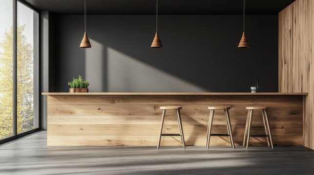 Gray and wooden open space office featuring a minimalistic design with a blank wall. The space highlights a modern and clean aesthetic, perfect for versatile use and personalization.