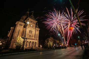 Fireworks near the Orthodox Cathedral in Timisoara on the occasion of Romanian National Day	