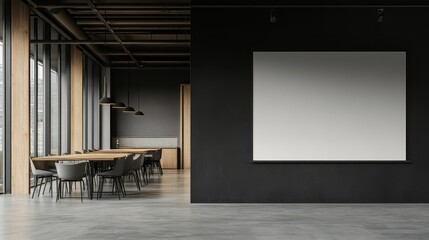 Fototapeta premium Gray and wooden open space office featuring a minimalistic design with a blank wall. The space highlights a modern and clean aesthetic, perfect for versatile use and personalization.