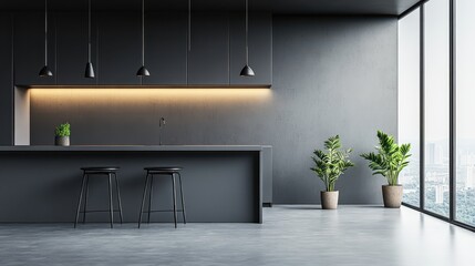 Gray kitchen corner featuring a bar area, sleek and modern with a minimalist design. The space emphasizes contemporary aesthetics and functionality.