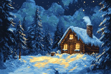 Naklejka premium A cozy wooden house nestled in a snowy landscape brings a sense of warmth, captured beautifully in pixel art style under a starry night sky.