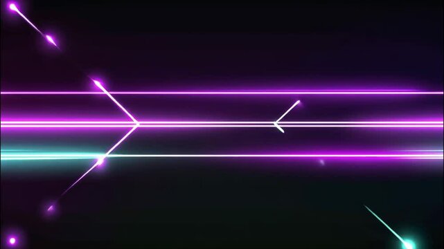 Sharp diagonal bands in duotone neon purple and green with glowing edges on a dark matte background. A soft bokeh effect is added subtly in the background for depth